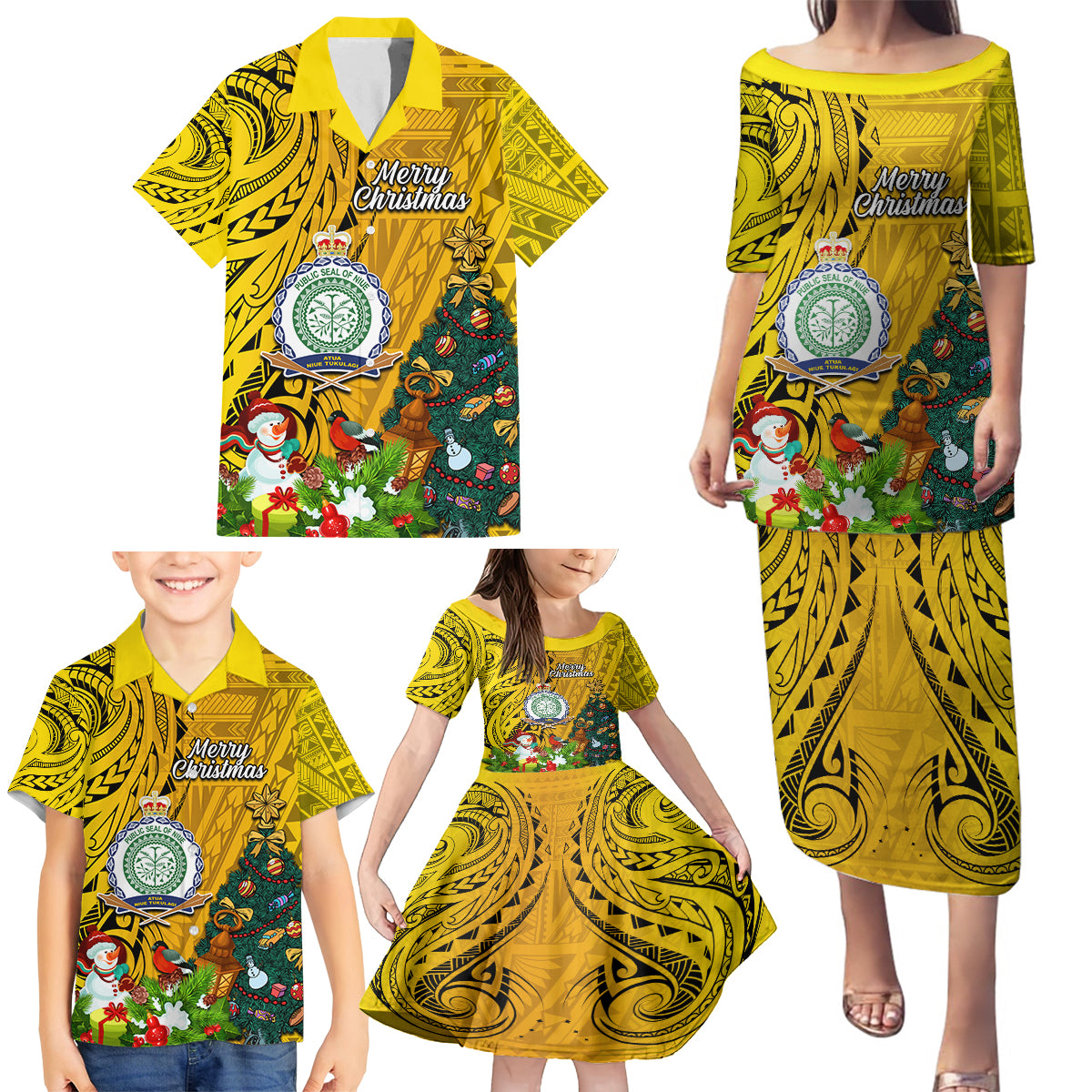 Personalised Niue Christmas Family Matching Puletasi Dress and Hawaiian Shirt Coat of Arms and Polynesian Tattoo Xmas Element Christmas Yellow Vibe LT03 - Polynesian Pride