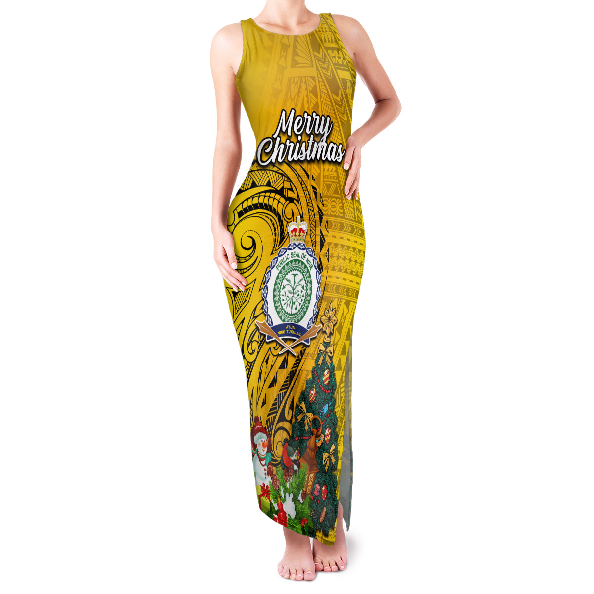 Personalised Niue Christmas Family Matching Tank Maxi Dress and Hawaiian Shirt Coat of Arms and Polynesian Tattoo Xmas Element Christmas Yellow Vibe LT03 Mom's Dress Yellow - Polynesian Pride
