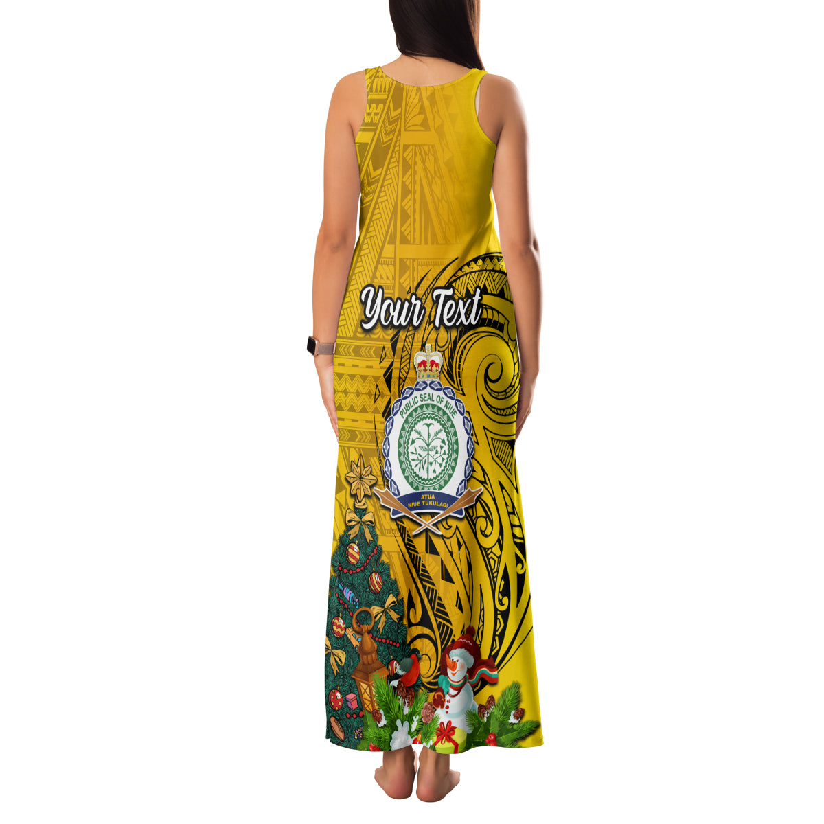 Personalised Niue Christmas Family Matching Tank Maxi Dress and Hawaiian Shirt Coat of Arms and Polynesian Tattoo Xmas Element Christmas Yellow Vibe LT03 - Polynesian Pride