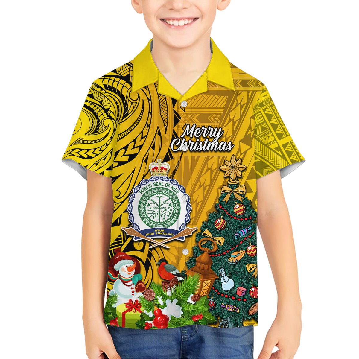 Personalised Niue Christmas Hawaiian Shirt Coat of Arms and Polynesian Tattoo Xmas Element Christmas Yellow Vibe LT03 - Polynesian Pride