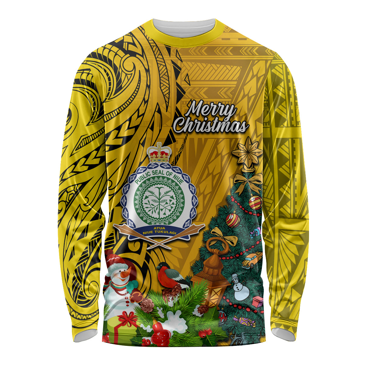 Personalised Niue Christmas Long Sleeve Shirt Coat of Arms and Polynesian Tattoo Xmas Element Christmas Yellow Vibe LT03 Unisex Yellow - Polynesian Pride