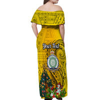 Personalised Niue Christmas Off Shoulder Maxi Dress Coat of Arms and Polynesian Tattoo Xmas Element Christmas Yellow Vibe LT03 - Polynesian Pride