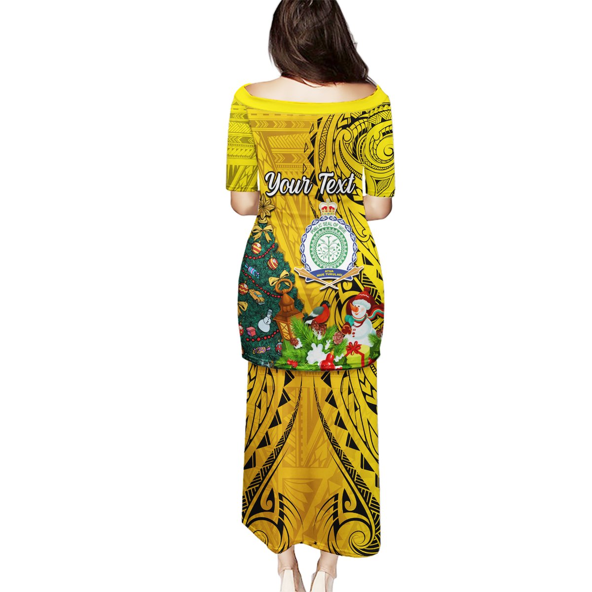 Personalised Niue Christmas Puletasi Coat of Arms and Polynesian Tattoo Xmas Element Christmas Yellow Vibe LT03 - Polynesian Pride