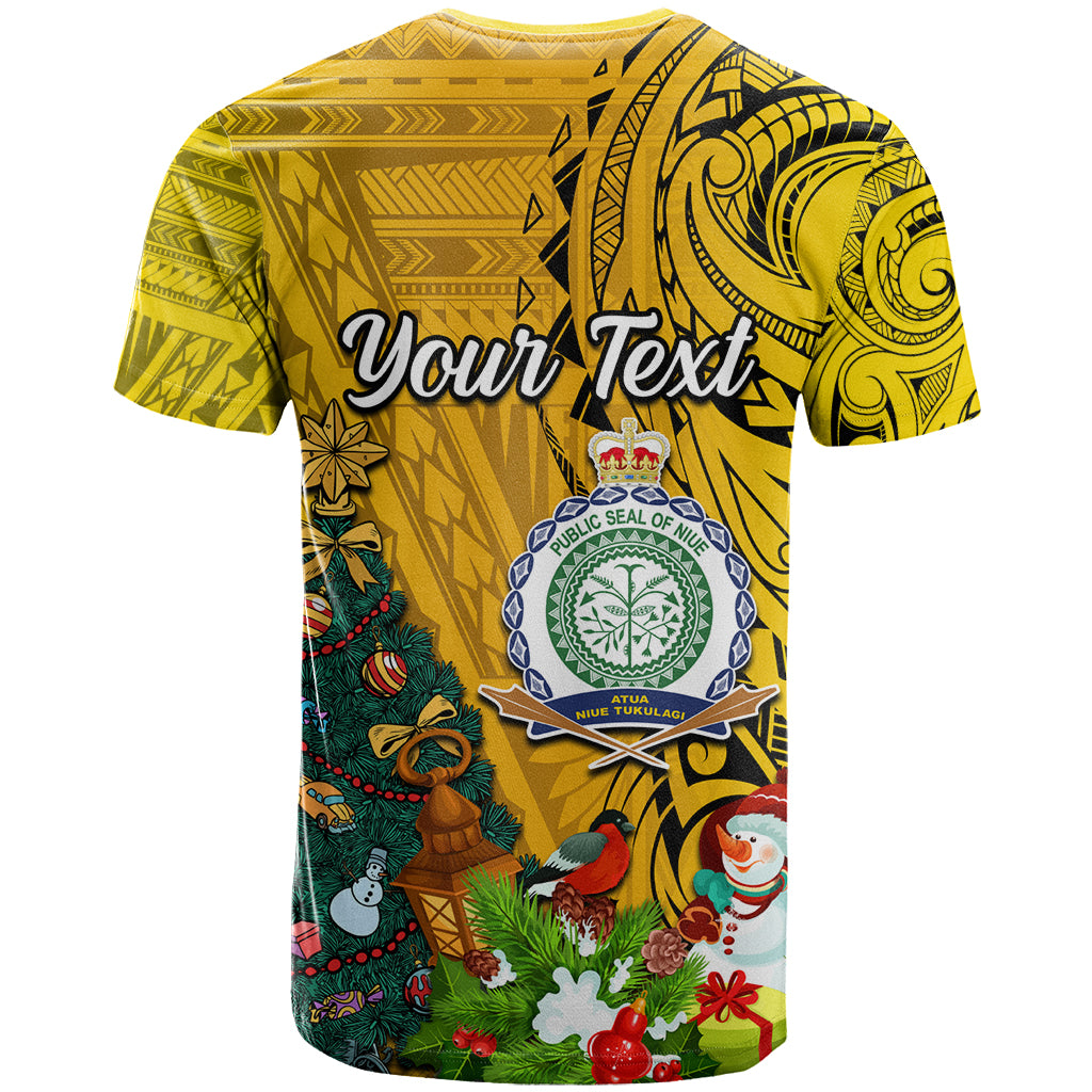 Personalised Niue Christmas T Shirt Coat of Arms and Polynesian Tattoo Xmas Element Christmas Yellow Vibe LT03 - Polynesian Pride