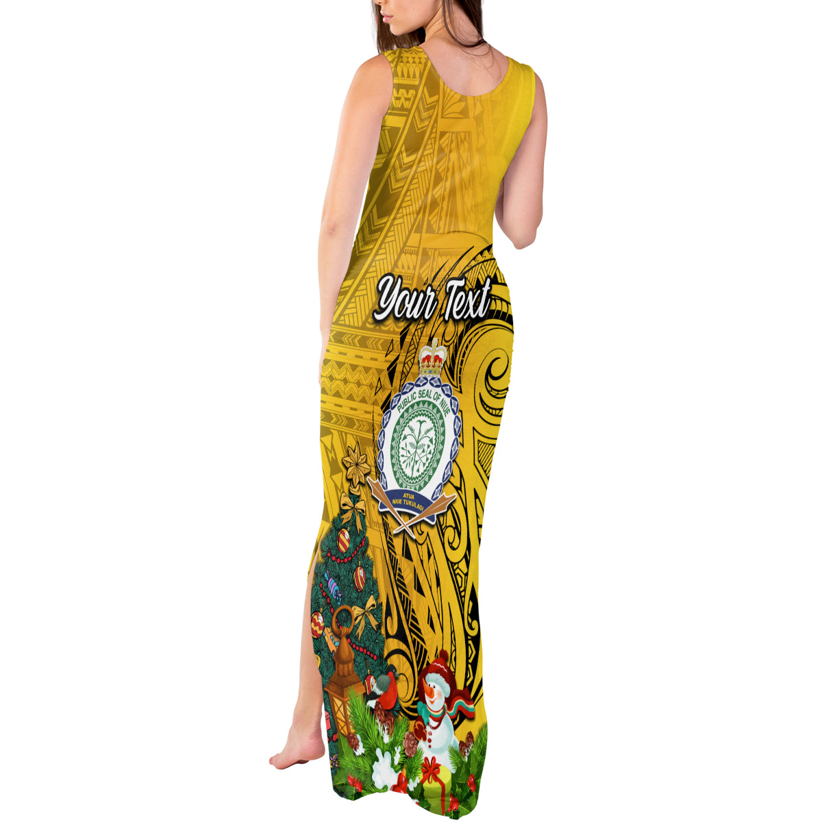 Personalised Niue Christmas Tank Maxi Dress Coat of Arms and Polynesian Tattoo Xmas Element Christmas Yellow Vibe LT03 - Polynesian Pride