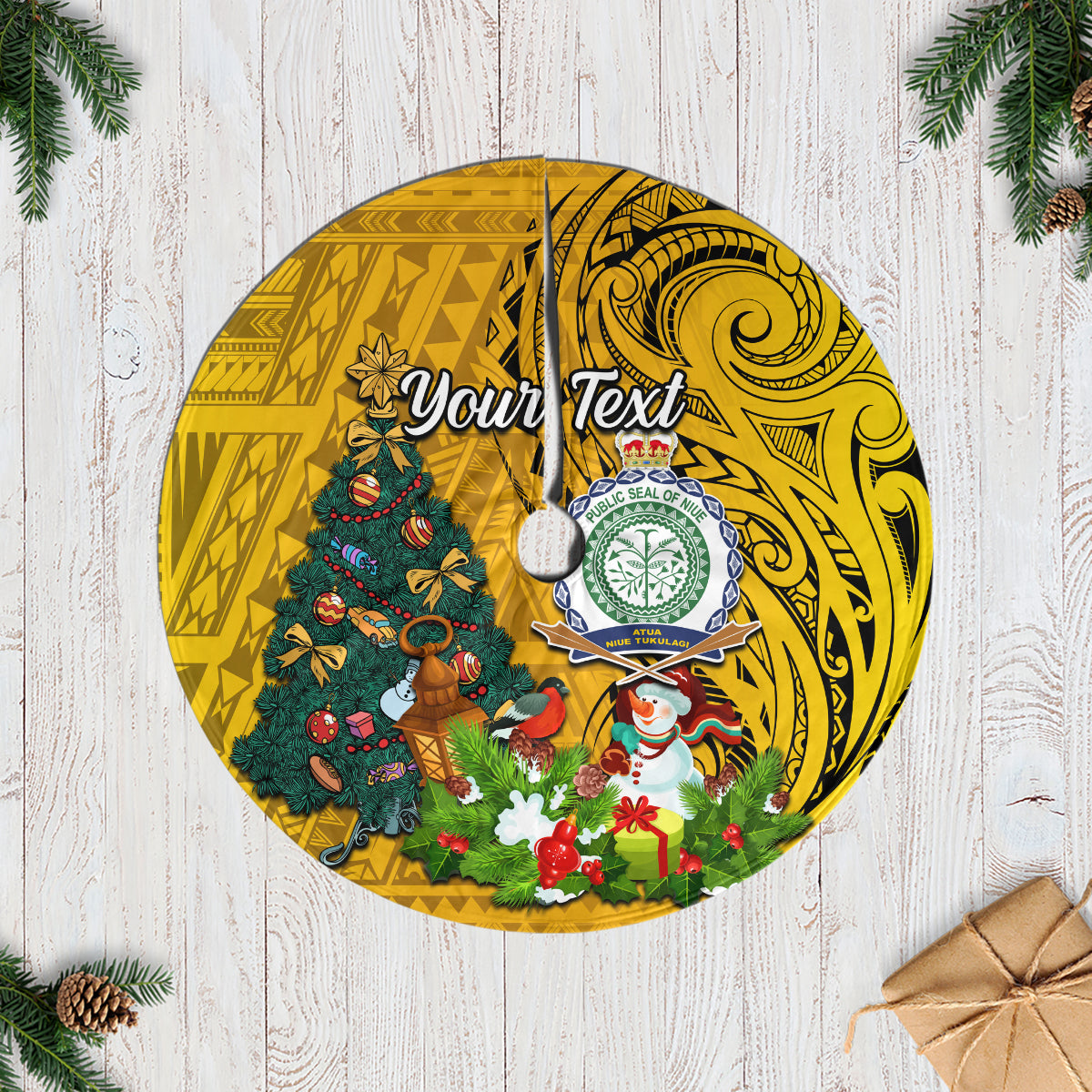 Personalised Niue Christmas Tree Skirt Coat of Arms and Polynesian Tattoo Xmas Element Christmas Yellow Vibe LT03 Yellow - Polynesian Pride