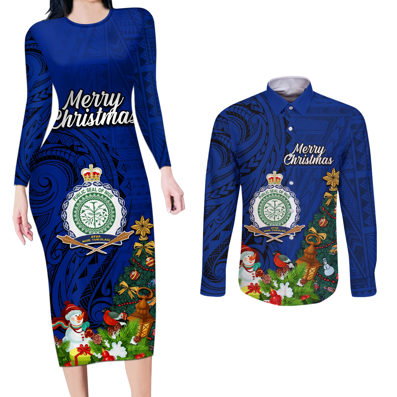 Niue Christmas Couples Matching Long Sleeve Bodycon Dress and Long Sleeve Button Shirt Coat of Arms and Polynesian Tattoo Xmas Element Christmas Blue Vibe LT03 Blue - Polynesian Pride