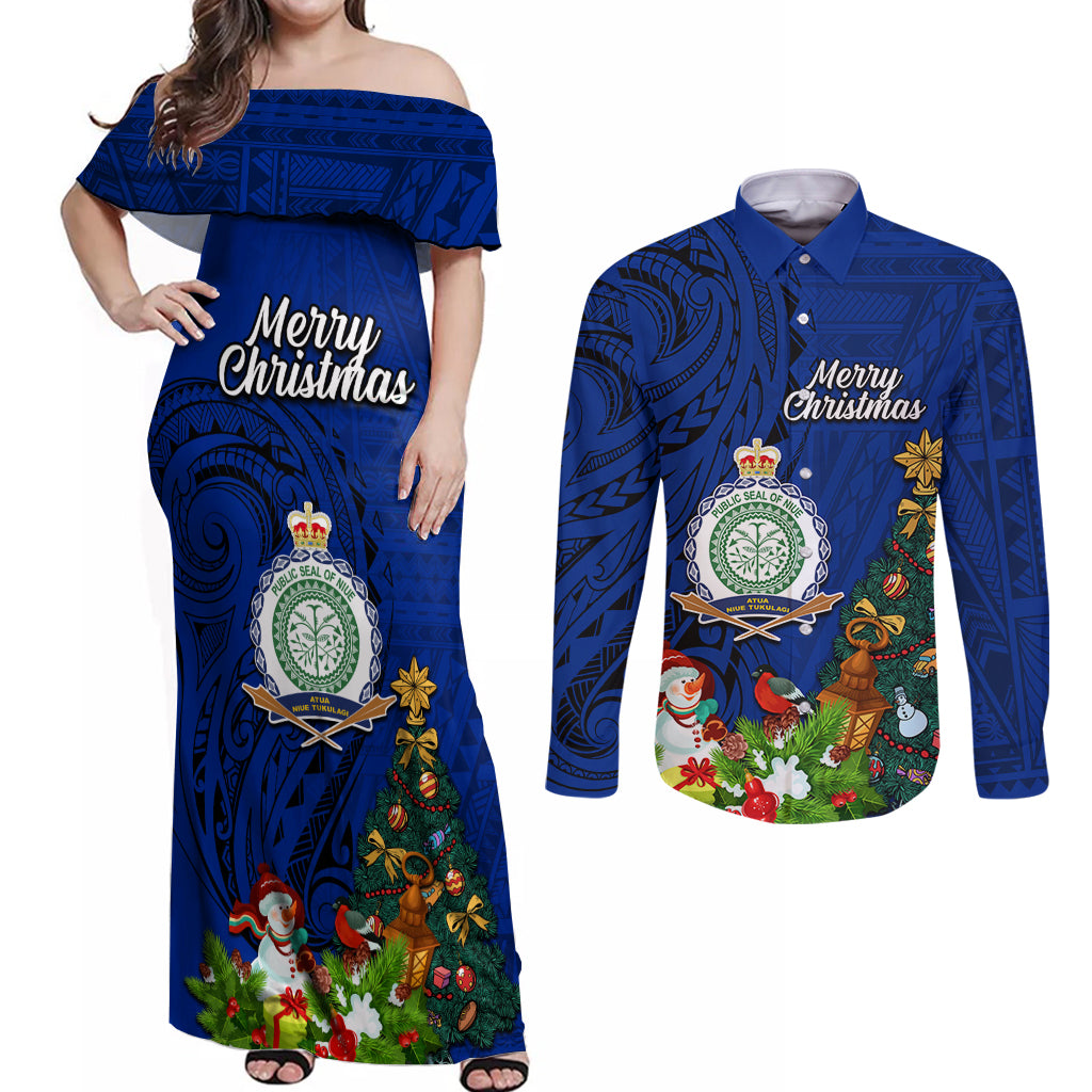 Niue Christmas Couples Matching Off Shoulder Maxi Dress and Long Sleeve Button Shirt Coat of Arms and Polynesian Tattoo Xmas Element Christmas Blue Vibe LT03 Blue - Polynesian Pride