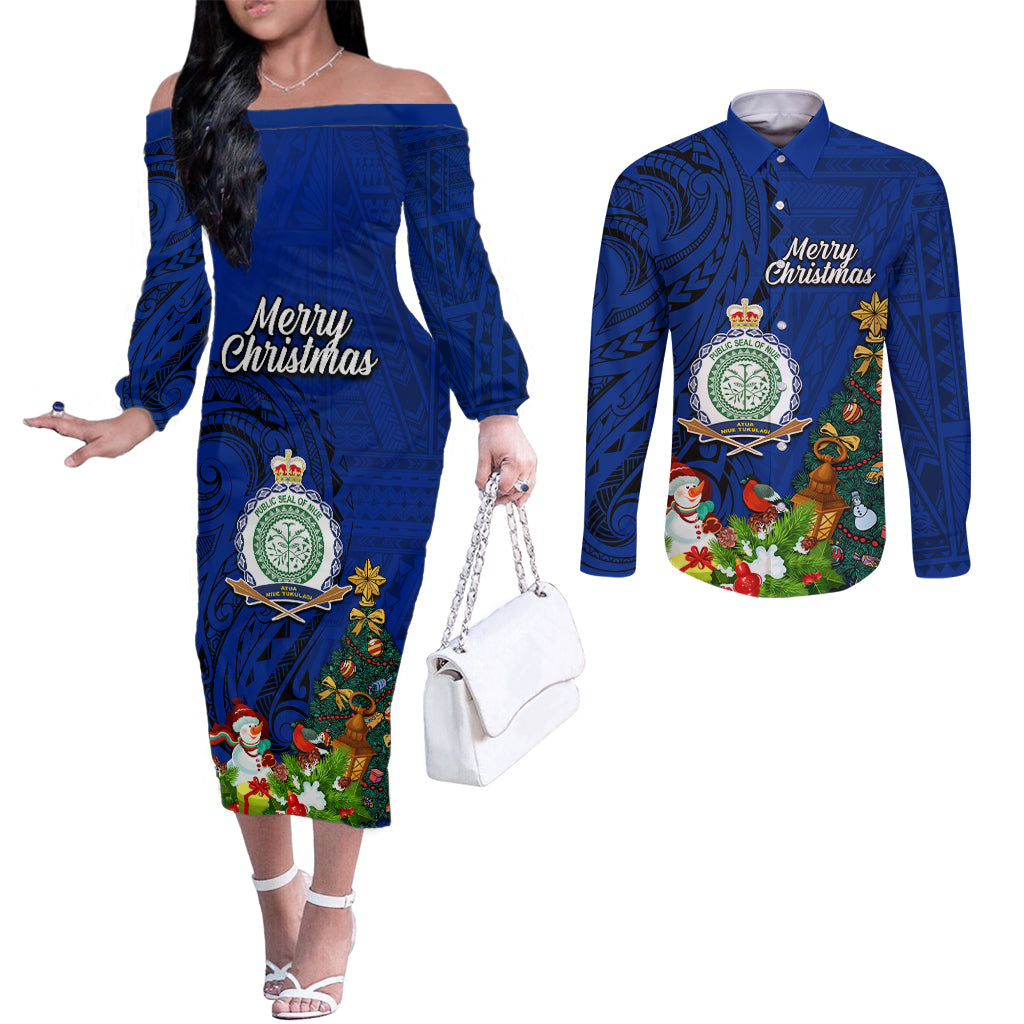 Niue Christmas Couples Matching Off The Shoulder Long Sleeve Dress and Long Sleeve Button Shirt Coat of Arms and Polynesian Tattoo Xmas Element Christmas Blue Vibe LT03 Blue - Polynesian Pride