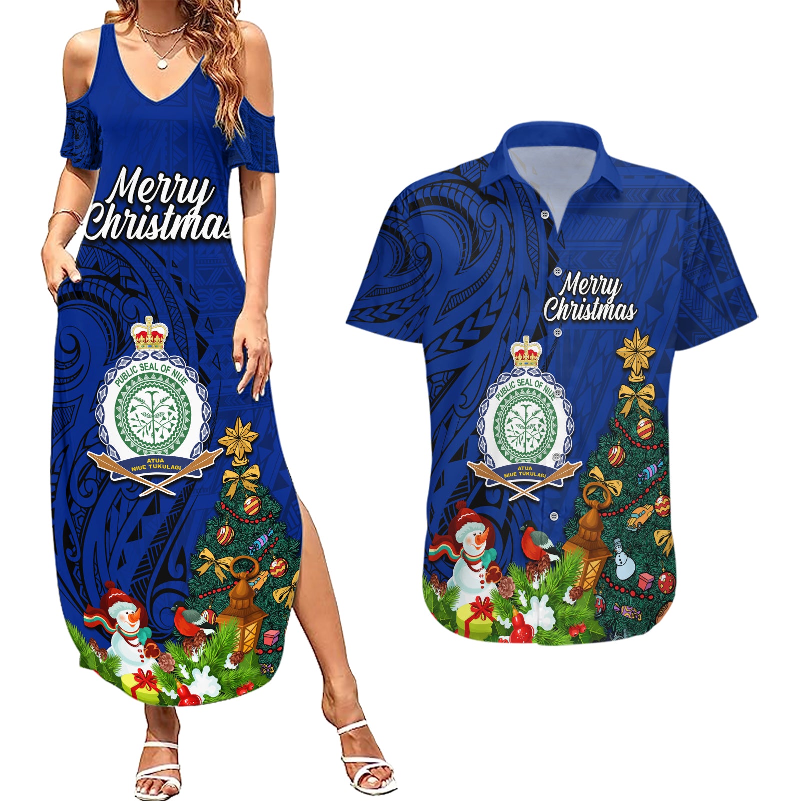 Niue Christmas Couples Matching Summer Maxi Dress and Hawaiian Shirt Coat of Arms and Polynesian Tattoo Xmas Element Christmas Blue Vibe LT03 Blue - Polynesian Pride