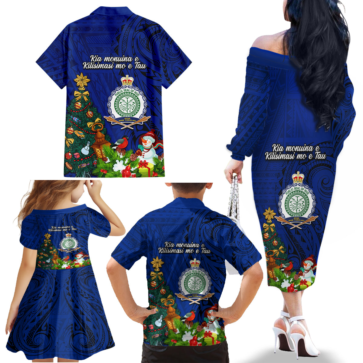 Niue Christmas Family Matching Off Shoulder Long Sleeve Dress and Hawaiian Shirt Coat of Arms and Polynesian Tattoo Xmas Element Christmas Blue Vibe LT03 - Polynesian Pride