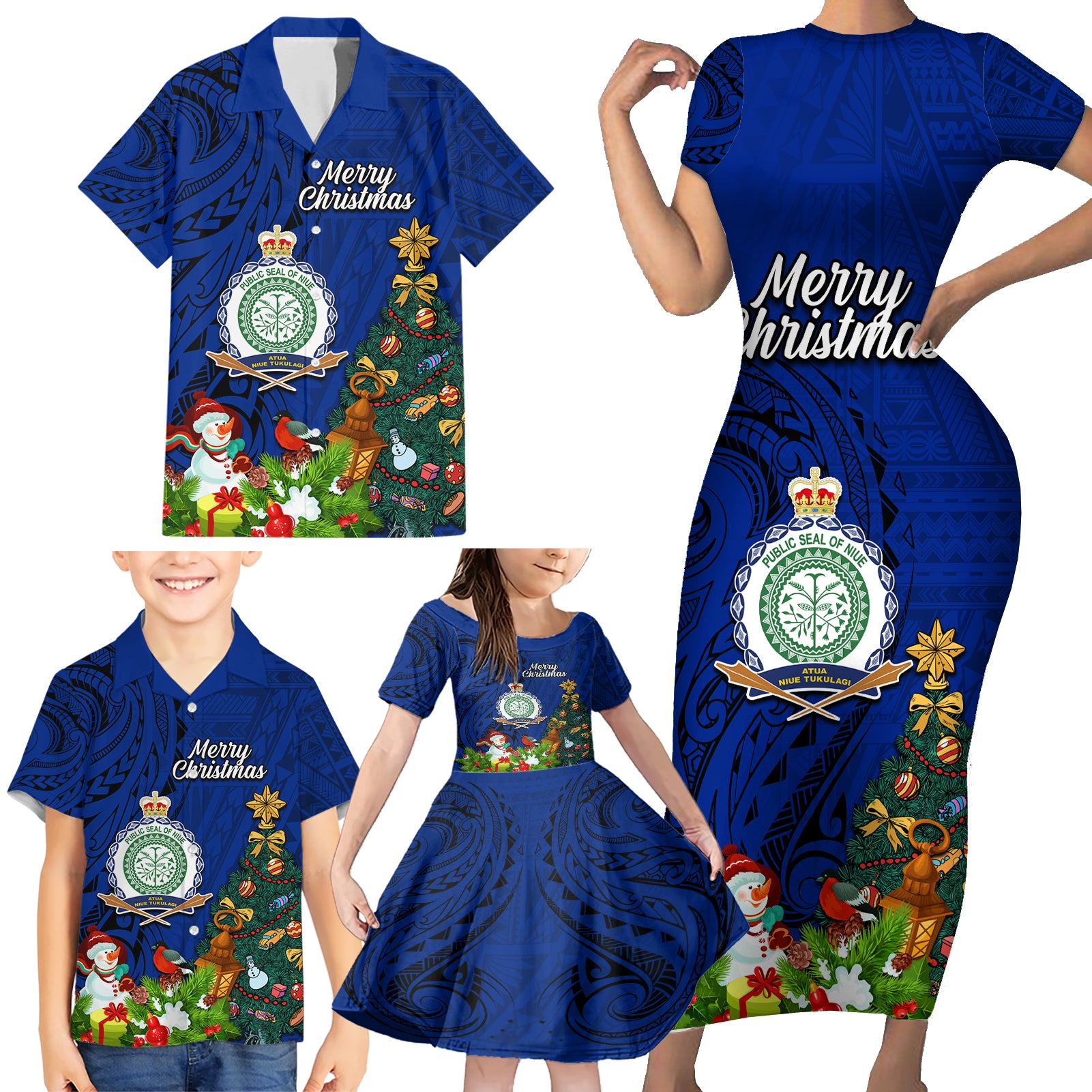 Niue Christmas Family Matching Short Sleeve Bodycon Dress and Hawaiian Shirt Coat of Arms and Polynesian Tattoo Xmas Element Christmas Blue Vibe LT03 - Polynesian Pride