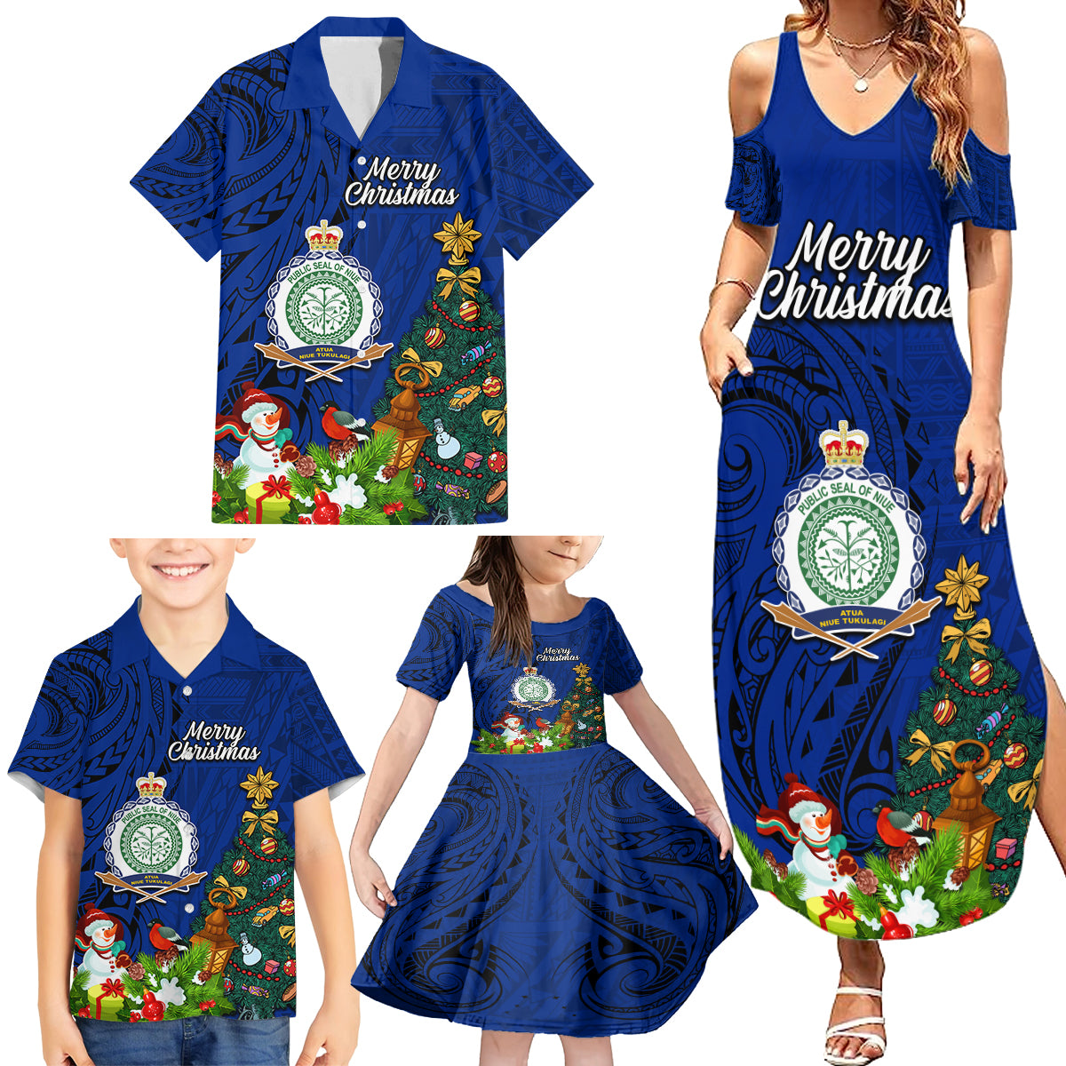 Niue Christmas Family Matching Summer Maxi Dress and Hawaiian Shirt Coat of Arms and Polynesian Tattoo Xmas Element Christmas Blue Vibe LT03 - Polynesian Pride