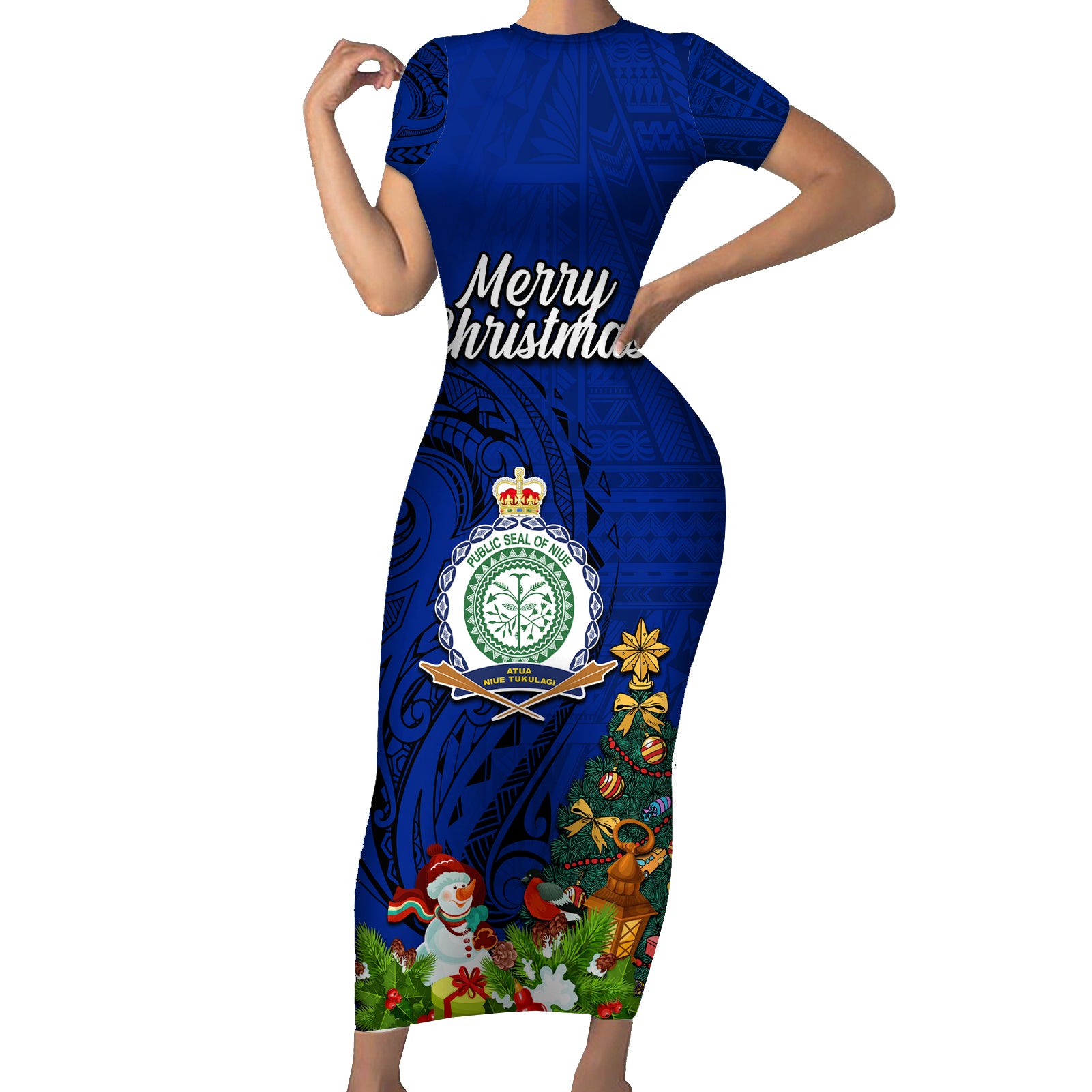 Niue Christmas Short Sleeve Bodycon Dress Coat of Arms and Polynesian Tattoo Xmas Element Christmas Blue Vibe LT03 Long Dress Blue - Polynesian Pride