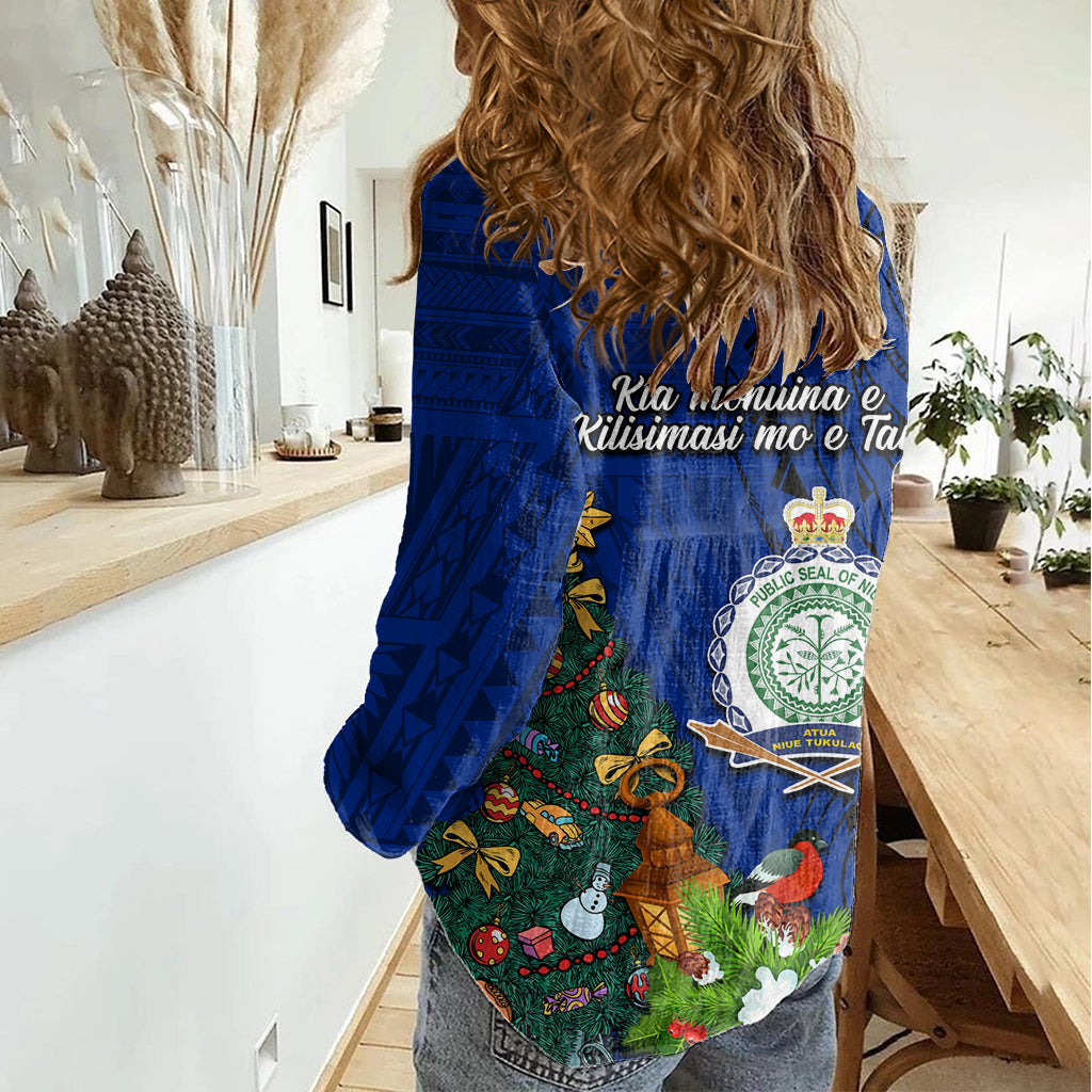 Niue Christmas Women Casual Shirt Coat of Arms and Polynesian Tattoo Xmas Element Christmas Blue Vibe LT03 - Polynesian Pride