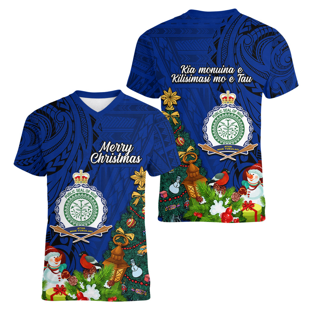 Niue Christmas Women V Neck T Shirt Coat of Arms and Polynesian Tattoo Xmas Element Christmas Blue Vibe LT03 - Polynesian Pride