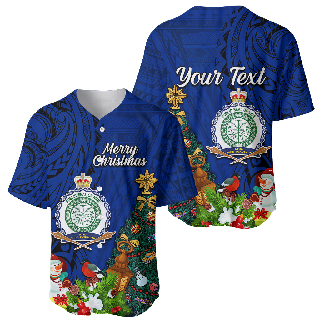 Personalised Niue Christmas Baseball Jersey Coat of Arms and Polynesian Tattoo Xmas Element Christmas Blue Vibe LT03 - Polynesian Pride