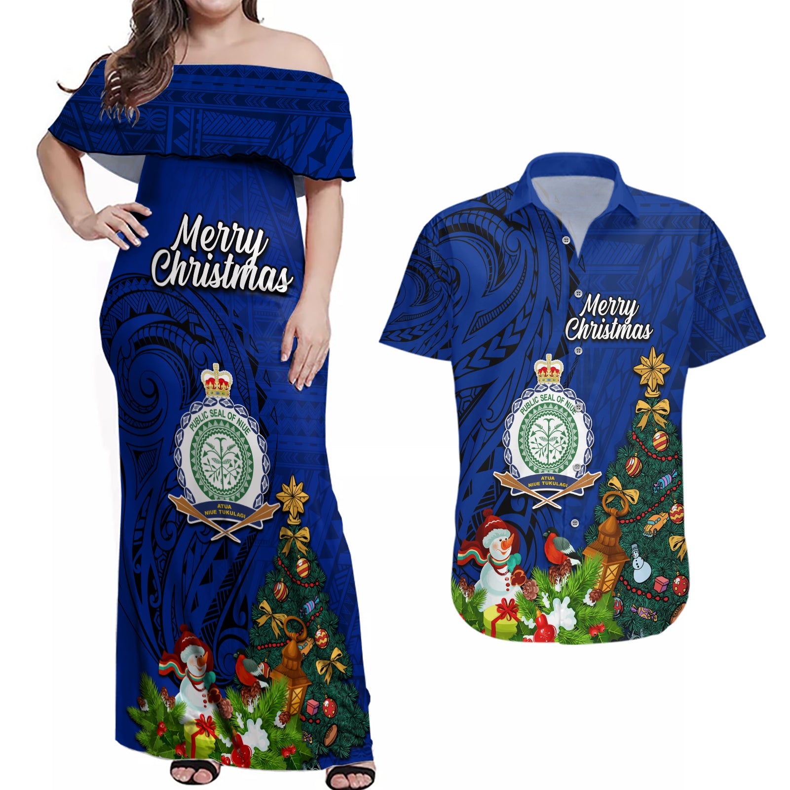 Personalised Niue Christmas Couples Matching Off Shoulder Maxi Dress and Hawaiian Shirt Coat of Arms and Polynesian Tattoo Xmas Element Christmas Blue Vibe LT03 Blue - Polynesian Pride