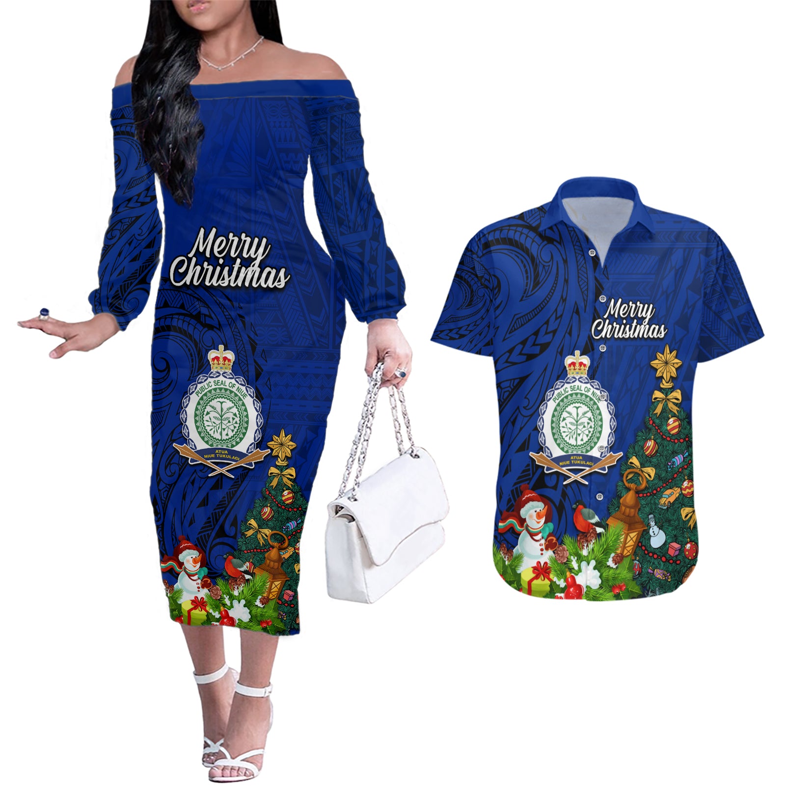 Personalised Niue Christmas Couples Matching Off The Shoulder Long Sleeve Dress and Hawaiian Shirt Coat of Arms and Polynesian Tattoo Xmas Element Christmas Blue Vibe LT03 Blue - Polynesian Pride