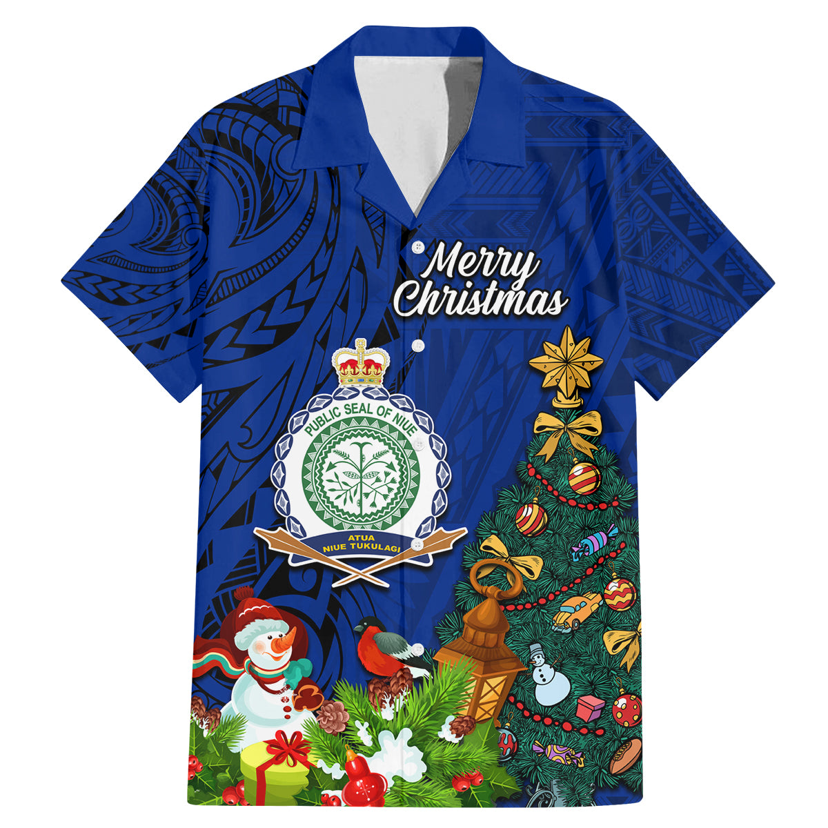 Personalised Niue Christmas Family Matching Mermaid Dress and Hawaiian Shirt Coat of Arms and Polynesian Tattoo Xmas Element Christmas Blue Vibe LT03 Dad's Shirt - Short Sleeve Blue - Polynesian Pride