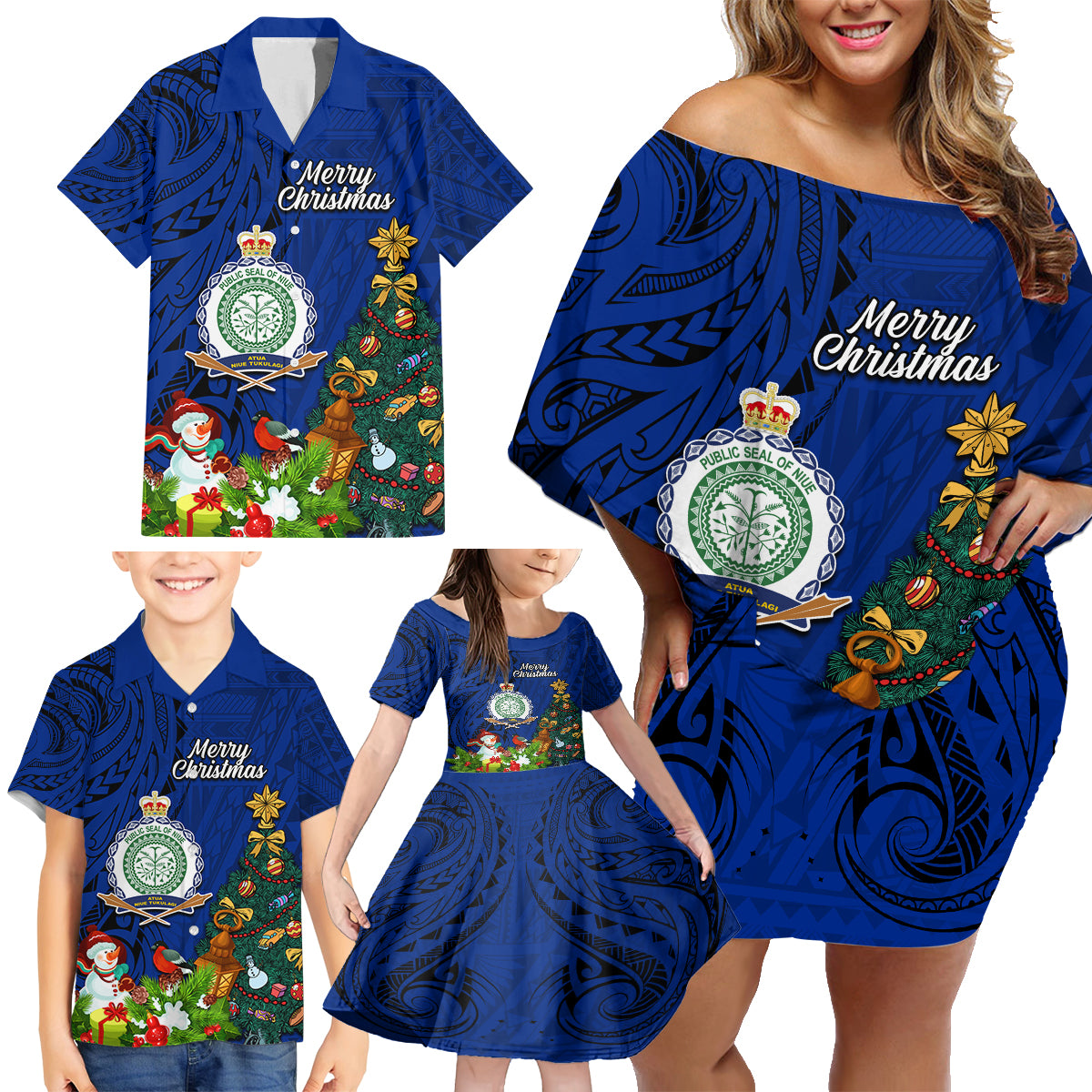 Personalised Niue Christmas Family Matching Off Shoulder Short Dress and Hawaiian Shirt Coat of Arms and Polynesian Tattoo Xmas Element Christmas Blue Vibe LT03 - Polynesian Pride