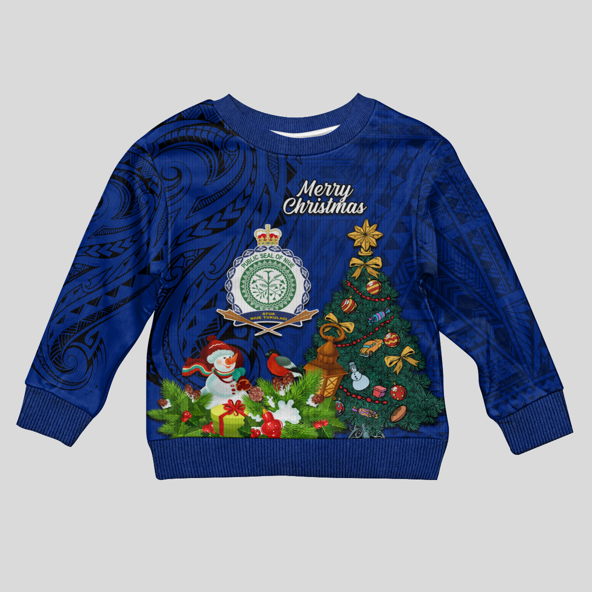 Personalised Niue Christmas Kid Ugly Christmas Sweater Coat of Arms and Polynesian Tattoo Xmas Element Christmas Blue Vibe LT03 Kid Blue - Polynesian Pride