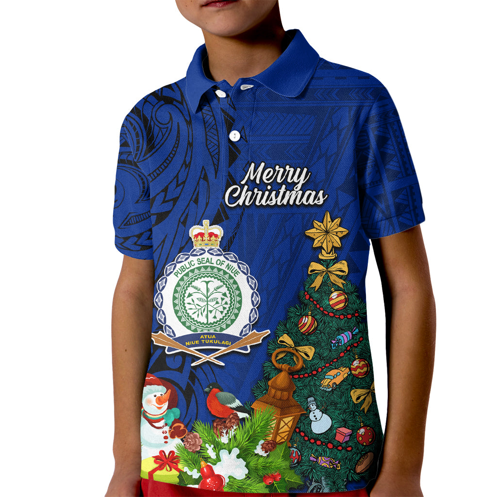 Personalised Niue Christmas Kid Polo Shirt Coat of Arms and Polynesian Tattoo Xmas Element Christmas Blue Vibe LT03 Kid Blue - Polynesian Pride