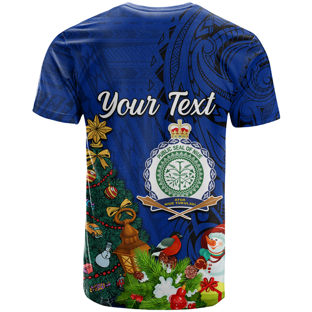 Personalised Niue Christmas T Shirt Coat of Arms and Polynesian Tattoo Xmas Element Christmas Blue Vibe LT03 - Polynesian Pride