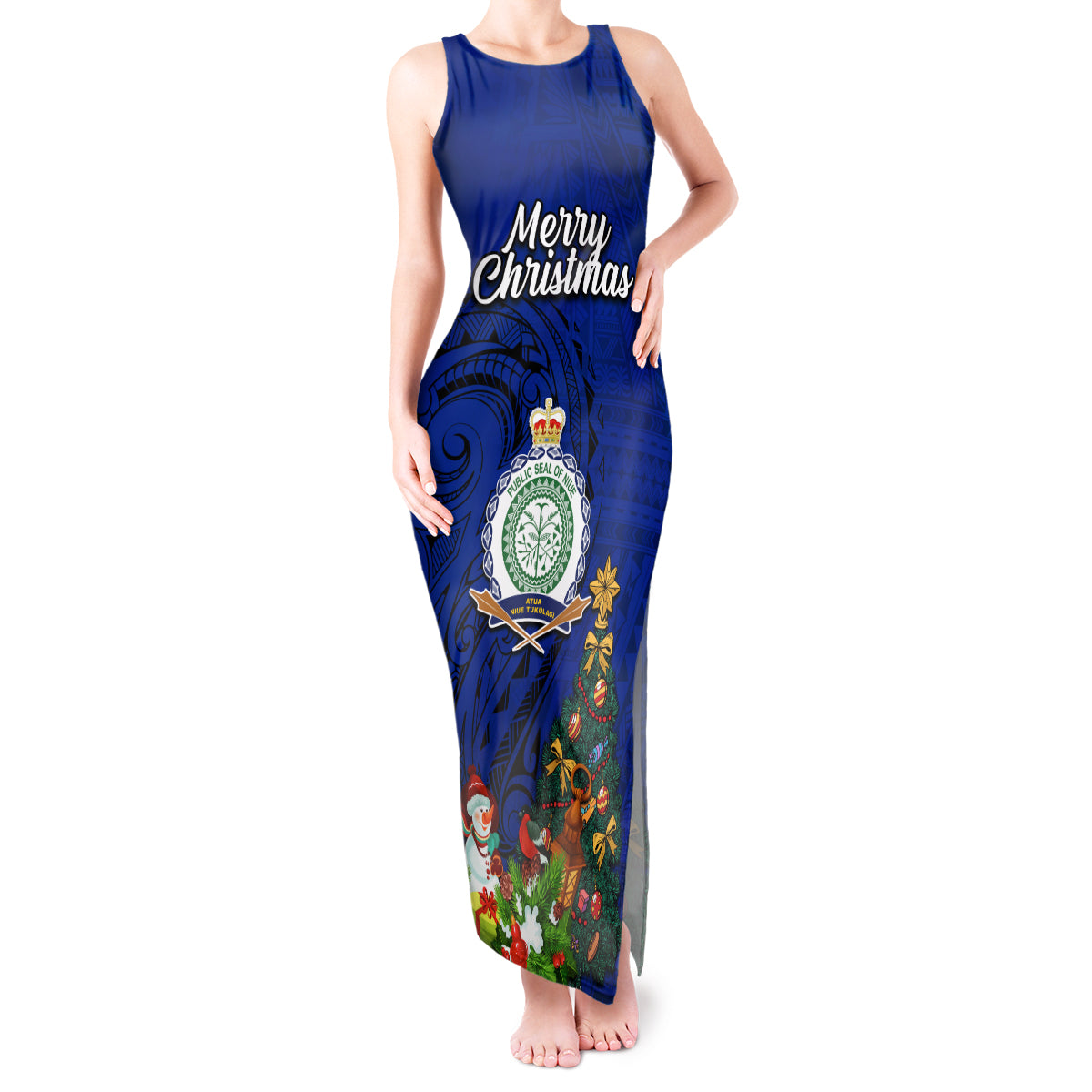 Personalised Niue Christmas Tank Maxi Dress Coat of Arms and Polynesian Tattoo Xmas Element Christmas Blue Vibe LT03 Women Blue - Polynesian Pride