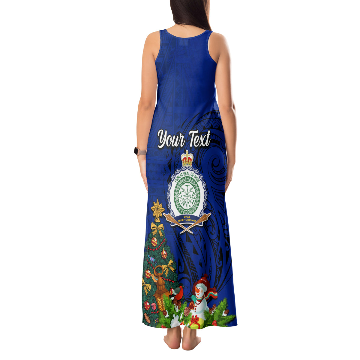 Personalised Niue Christmas Tank Maxi Dress Coat of Arms and Polynesian Tattoo Xmas Element Christmas Blue Vibe LT03 - Polynesian Pride