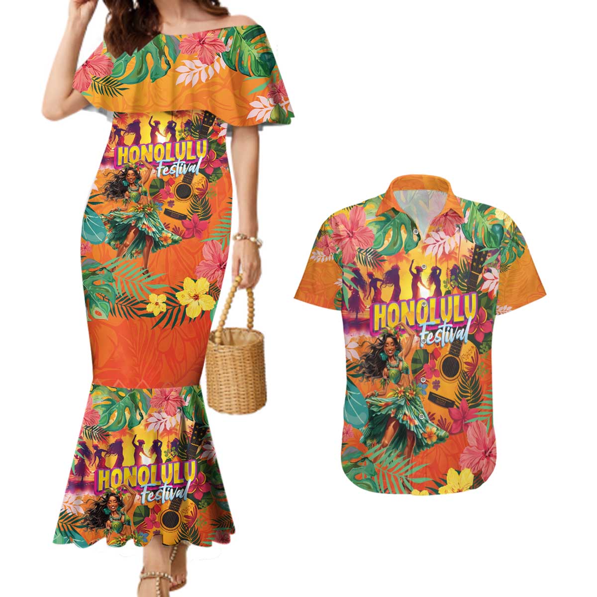 Hawaiian Honolulu Festival Couples Matching Mermaid Dress and Hawaiian Shirt Hawaiian Identity - Hula Dancer and Ukulele Tropical Plants Style