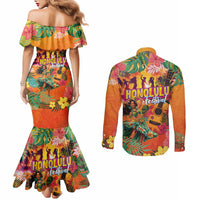 Hawaiian Honolulu Festival Couples Matching Mermaid Dress and Long Sleeve Button Shirt Hawaiian Identity - Hula Dancer and Ukulele Tropical Plants Style