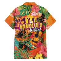 Hawaiian Honolulu Festival Family Matching Off The Shoulder Long Sleeve Dress and Hawaiian Shirt Hawaiian Identity - Hula Dancer and Ukulele Tropical Plants Style