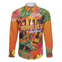 Hawaiian Honolulu Festival Family Matching Off The Shoulder Long Sleeve Dress and Hawaiian Shirt Hawaiian Identity - Hula Dancer and Ukulele Tropical Plants Style