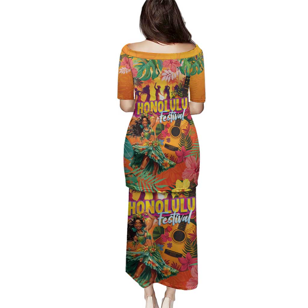 Hawaiian Honolulu Festival Family Matching Puletasi and Hawaiian Shirt Hawaiian Identity - Hula Dancer and Ukulele Tropical Plants Style