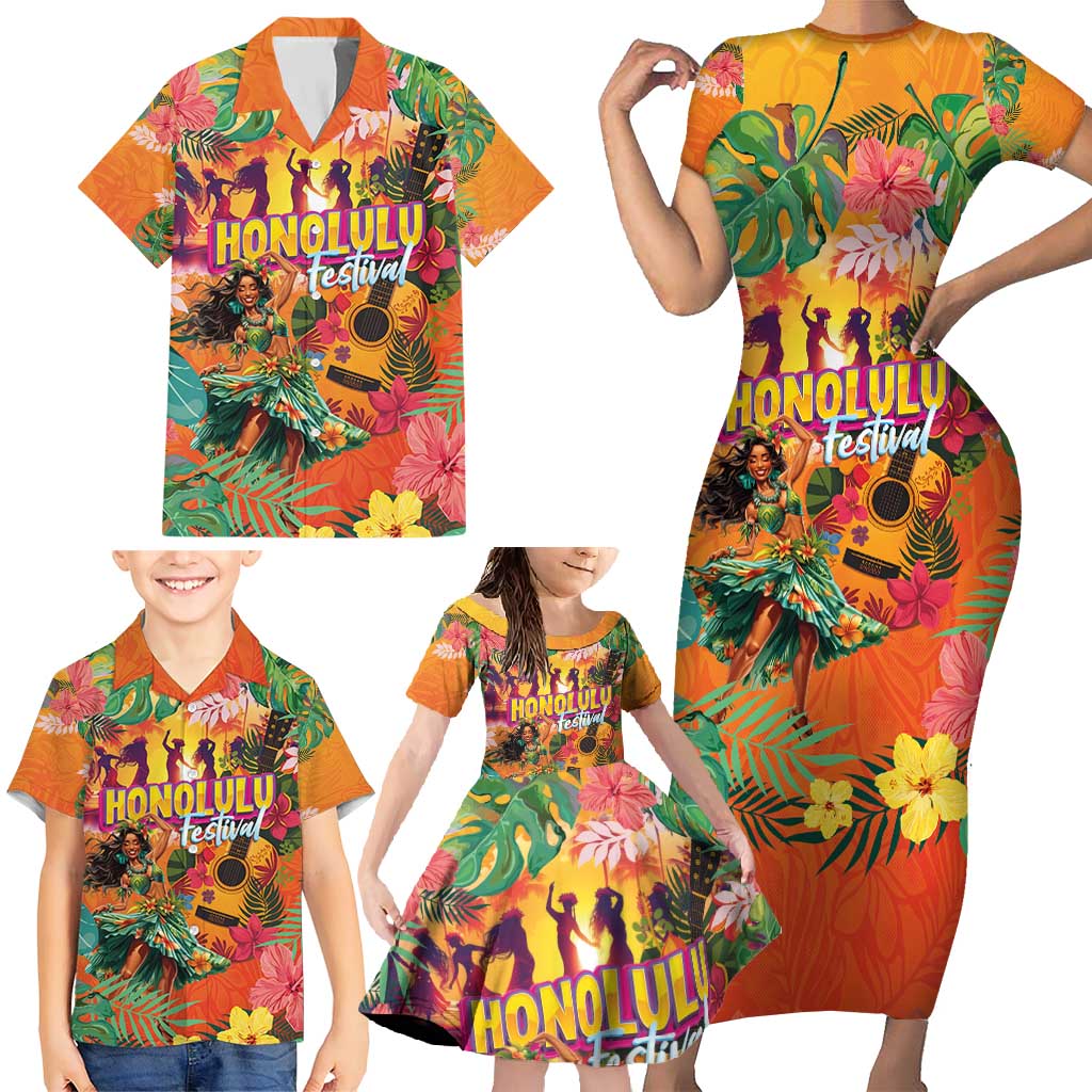 Hawaiian Honolulu Festival Family Matching Short Sleeve Bodycon Dress and Hawaiian Shirt Hawaiian Identity - Hula Dancer and Ukulele Tropical Plants Style