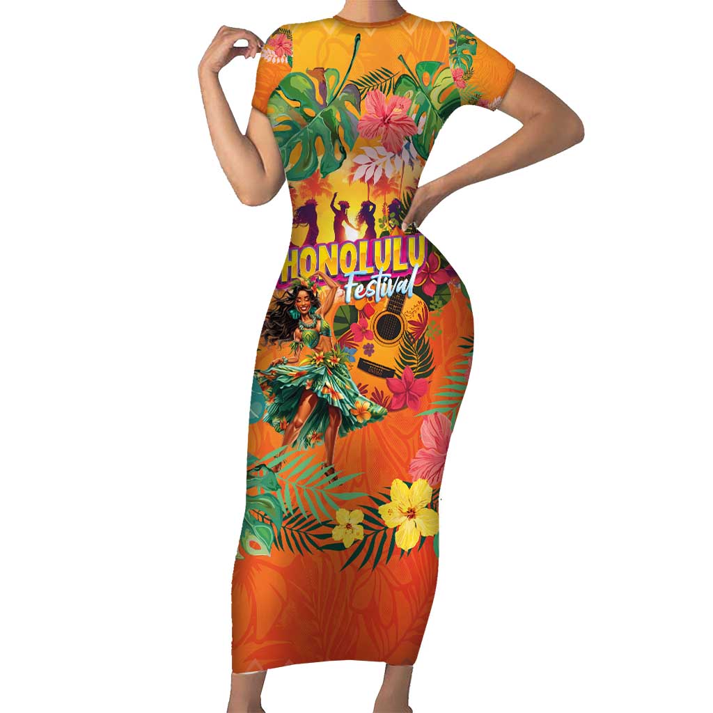 Hawaiian Honolulu Festival Family Matching Short Sleeve Bodycon Dress and Hawaiian Shirt Hawaiian Identity - Hula Dancer and Ukulele Tropical Plants Style