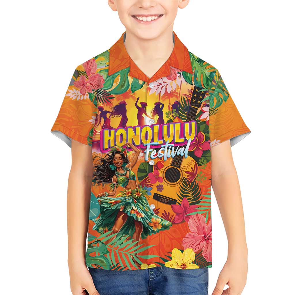 Hawaiian Honolulu Festival Family Matching Short Sleeve Bodycon Dress and Hawaiian Shirt Hawaiian Identity - Hula Dancer and Ukulele Tropical Plants Style