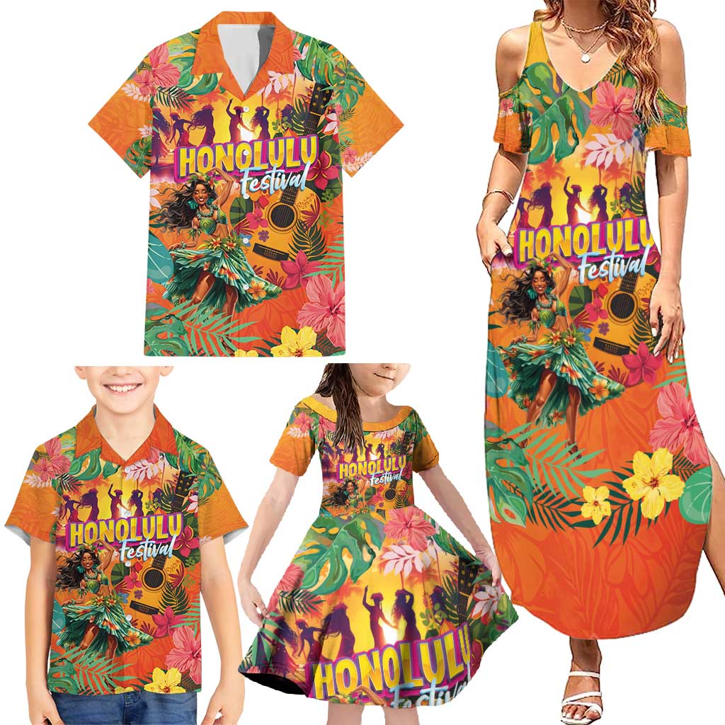 Hawaiian Honolulu Festival Family Matching Summer Maxi Dress and Hawaiian Shirt Hawaiian Identity - Hula Dancer and Ukulele Tropical Plants Style