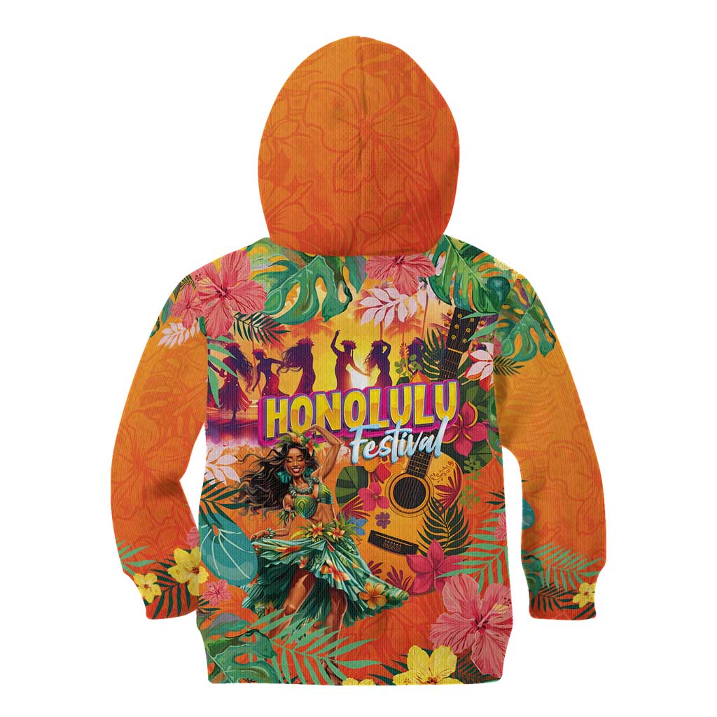 Hawaiian Honolulu Festival Kid Hoodie Hawaiian Identity - Hula Dancer and Ukulele Tropical Plants Style