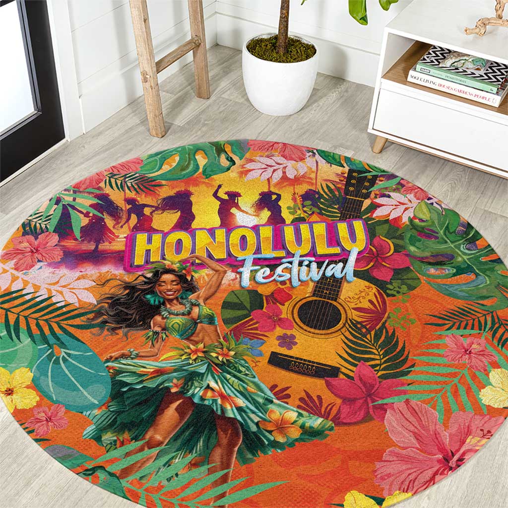 Hawaiian Honolulu Festival Round Carpet Hawaiian Identity - Hula Dancer and Ukulele Tropical Plants Style