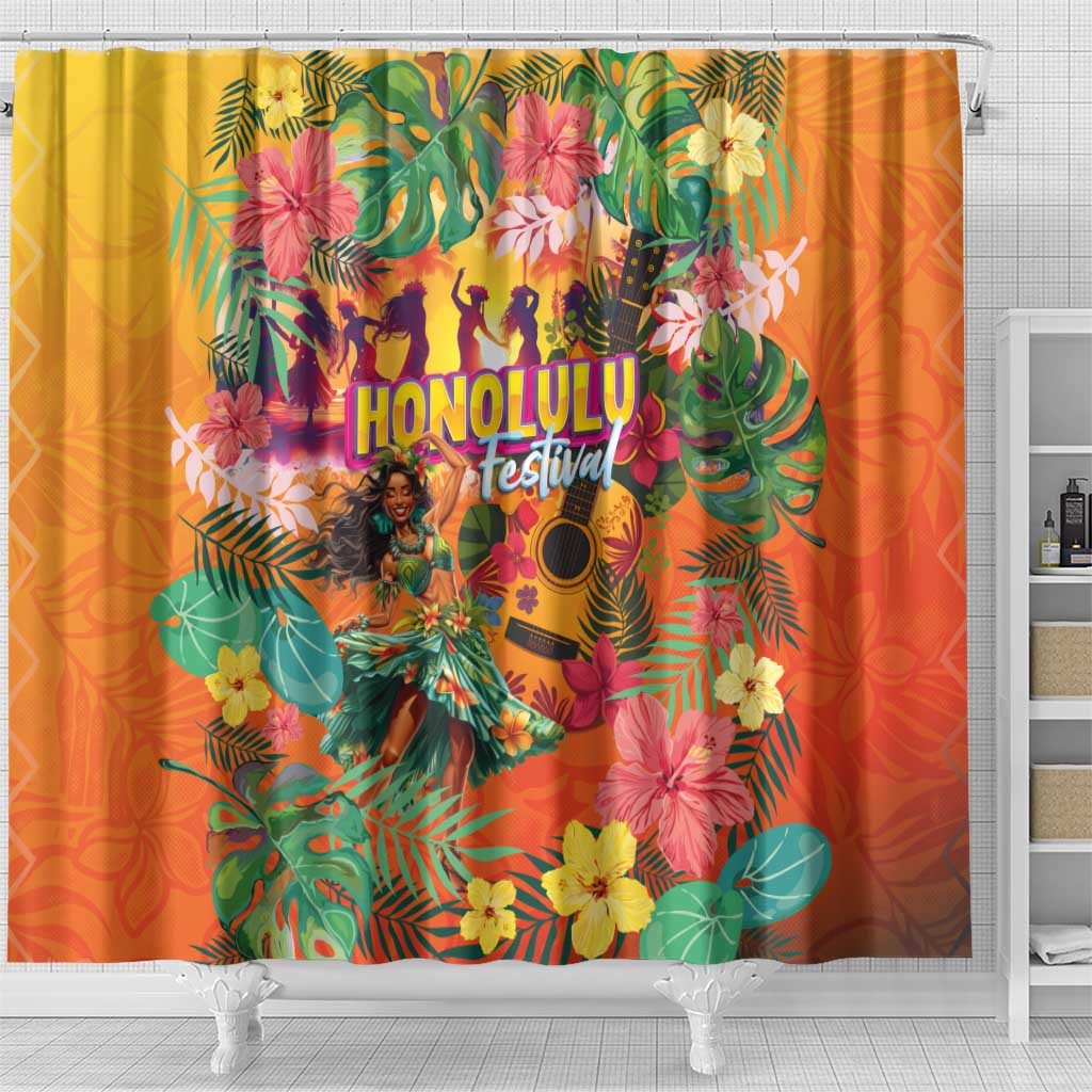 Hawaiian Honolulu Festival Shower Curtain Hawaiian Identity - Hula Dancer and Ukulele Tropical Plants Style