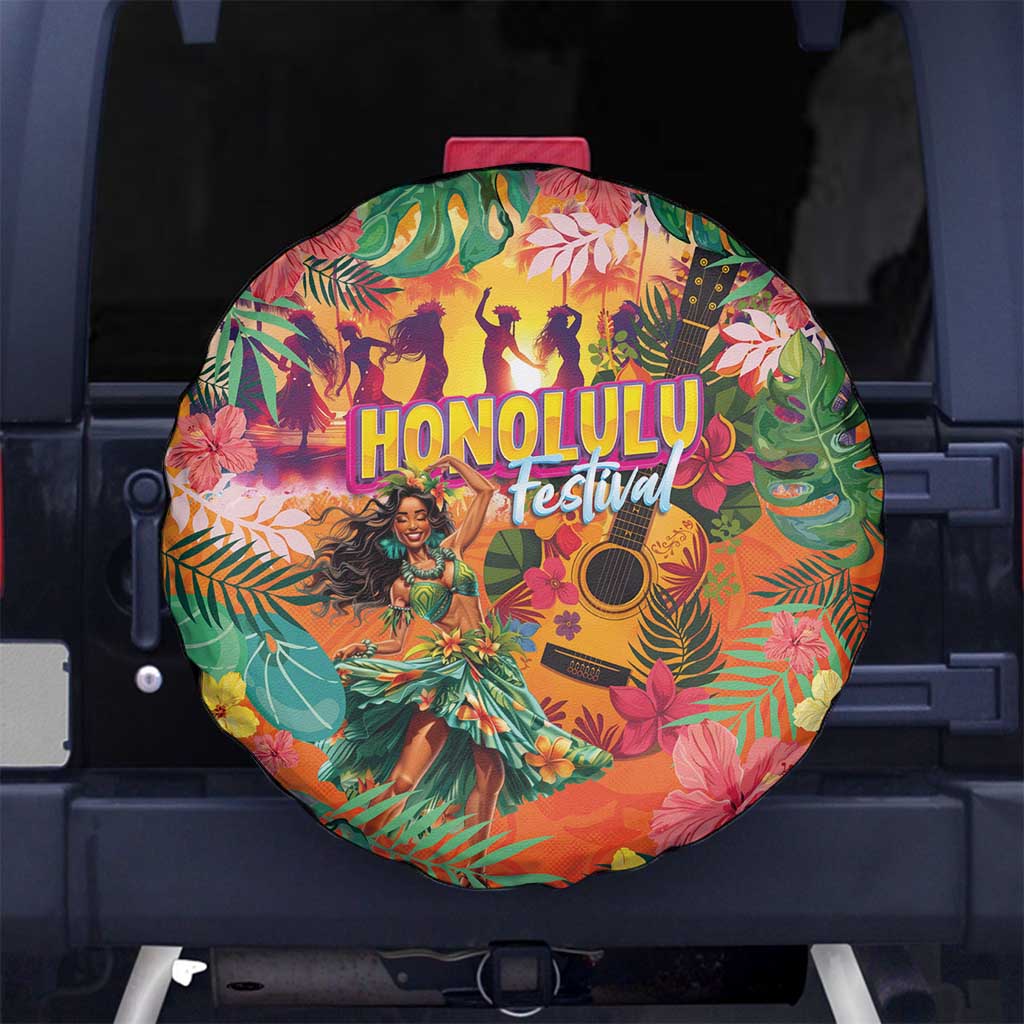 Hawaiian Honolulu Festival Spare Tire Cover Hawaiian Identity - Hula Dancer and Ukulele Tropical Plants Style