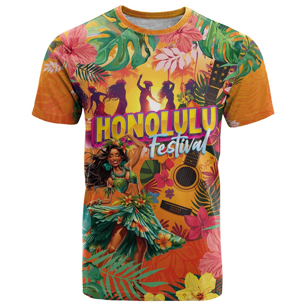 Hawaiian Honolulu Festival T Shirt Hawaiian Identity - Hula Dancer and Ukulele Tropical Plants Style