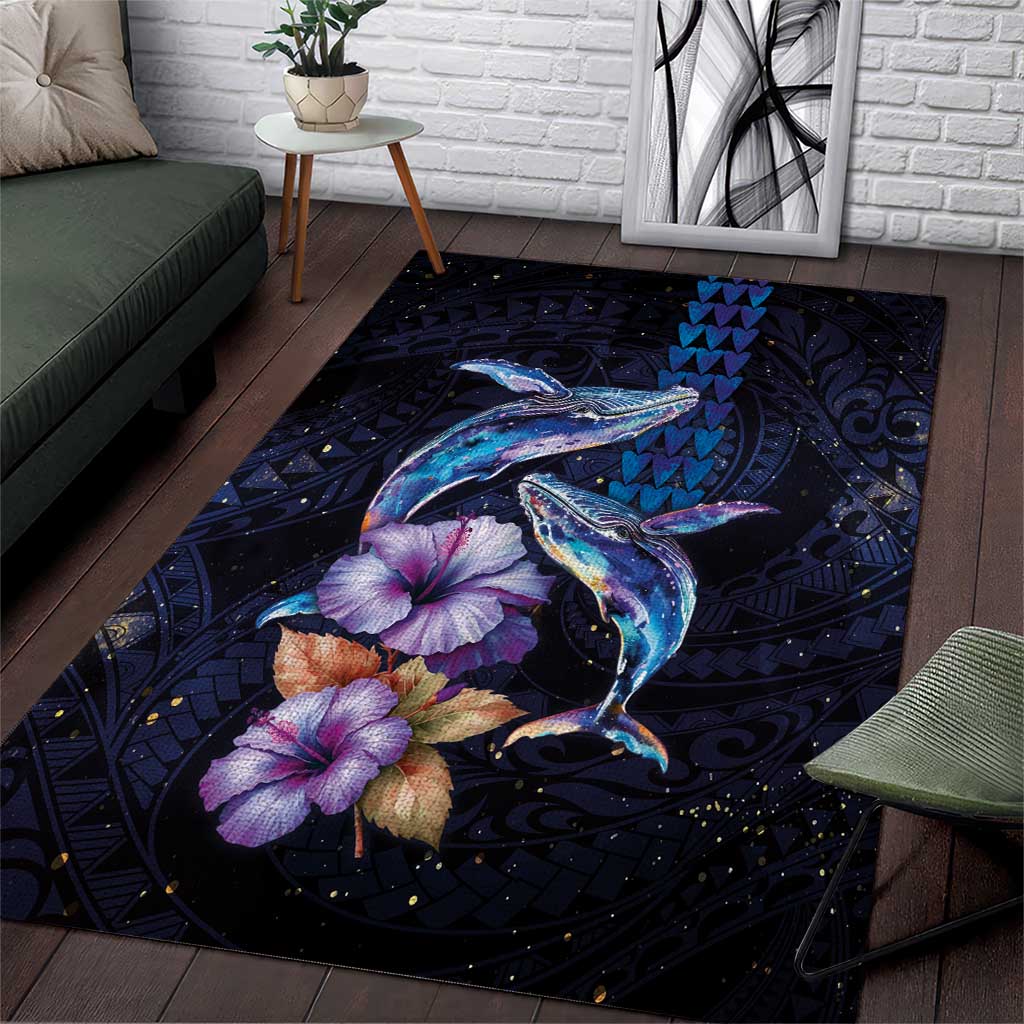 Hawaiian Whales Love Couple Area Rug Hibiscus and Kakau Art Tattoo Night Sky Vibe