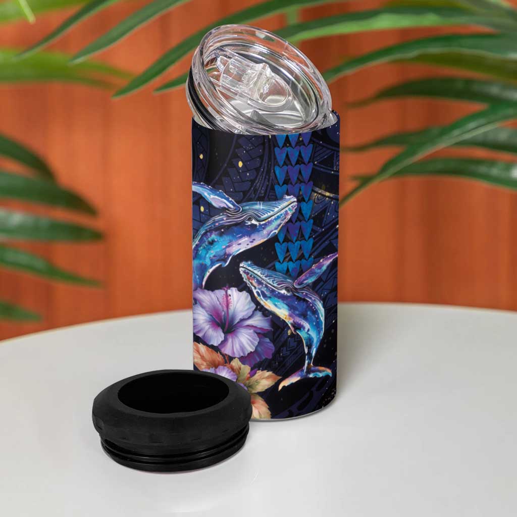 Hawaiian Whales Love Couple 4 in 1 Can Cooler Tumbler Hibiscus and Kakau Art Tattoo Night Sky Vibe