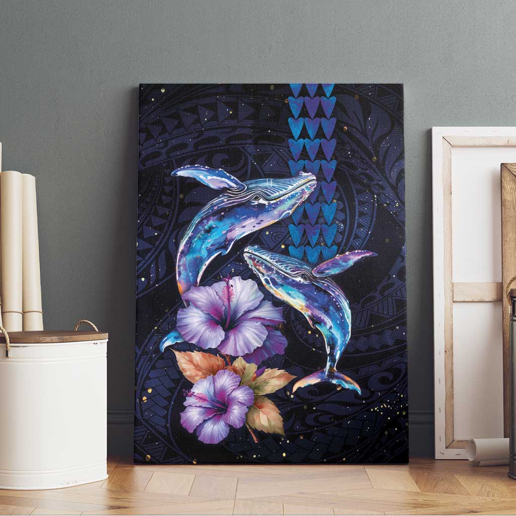 Hawaiian Whales Love Couple Canvas Wall Art Hibiscus and Kakau Art Tattoo Night Sky Vibe