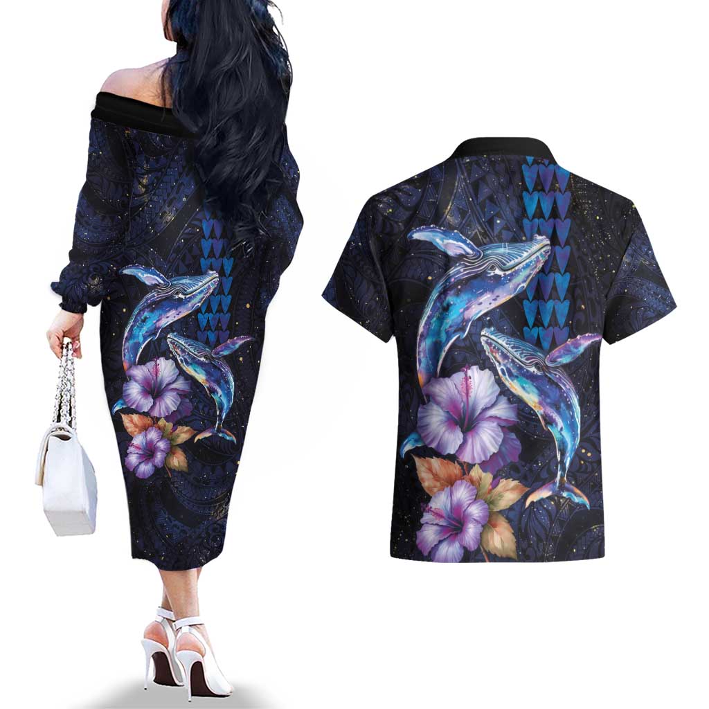 Hawaiian Whales Love Couple Couples Matching Off The Shoulder Long Sleeve Dress and Hawaiian Shirt Hibiscus and Kakau Art Tattoo Night Sky Vibe