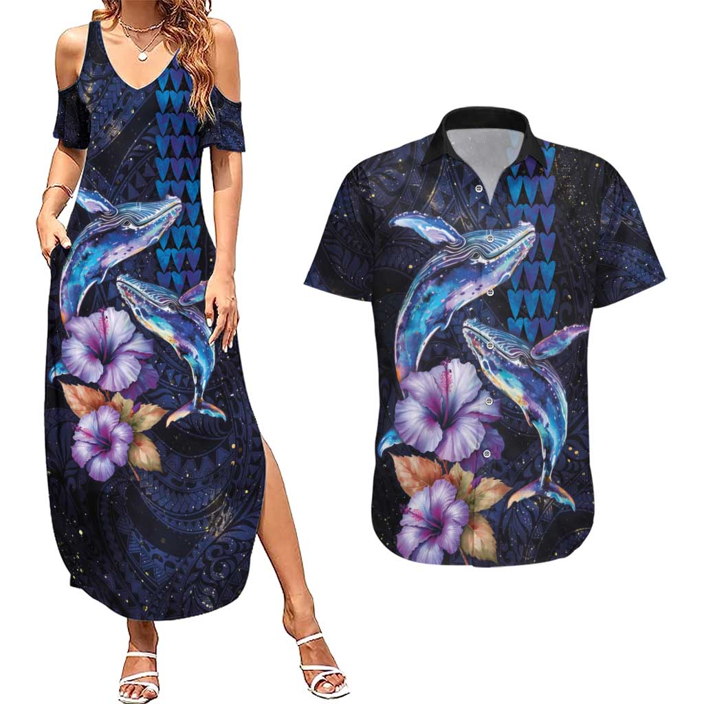 Hawaiian Whales Love Couple Couples Matching Summer Maxi Dress and Hawaiian Shirt Hibiscus and Kakau Art Tattoo Night Sky Vibe