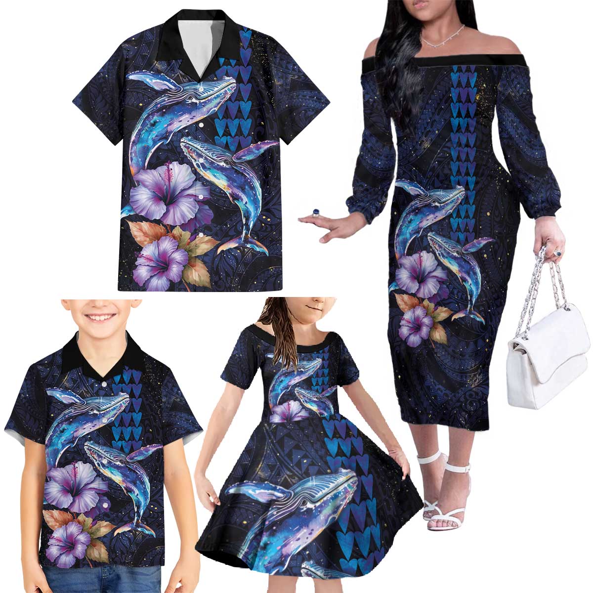 Hawaiian Whales Love Couple Family Matching Off The Shoulder Long Sleeve Dress and Hawaiian Shirt Hibiscus and Kakau Art Tattoo Night Sky Vibe